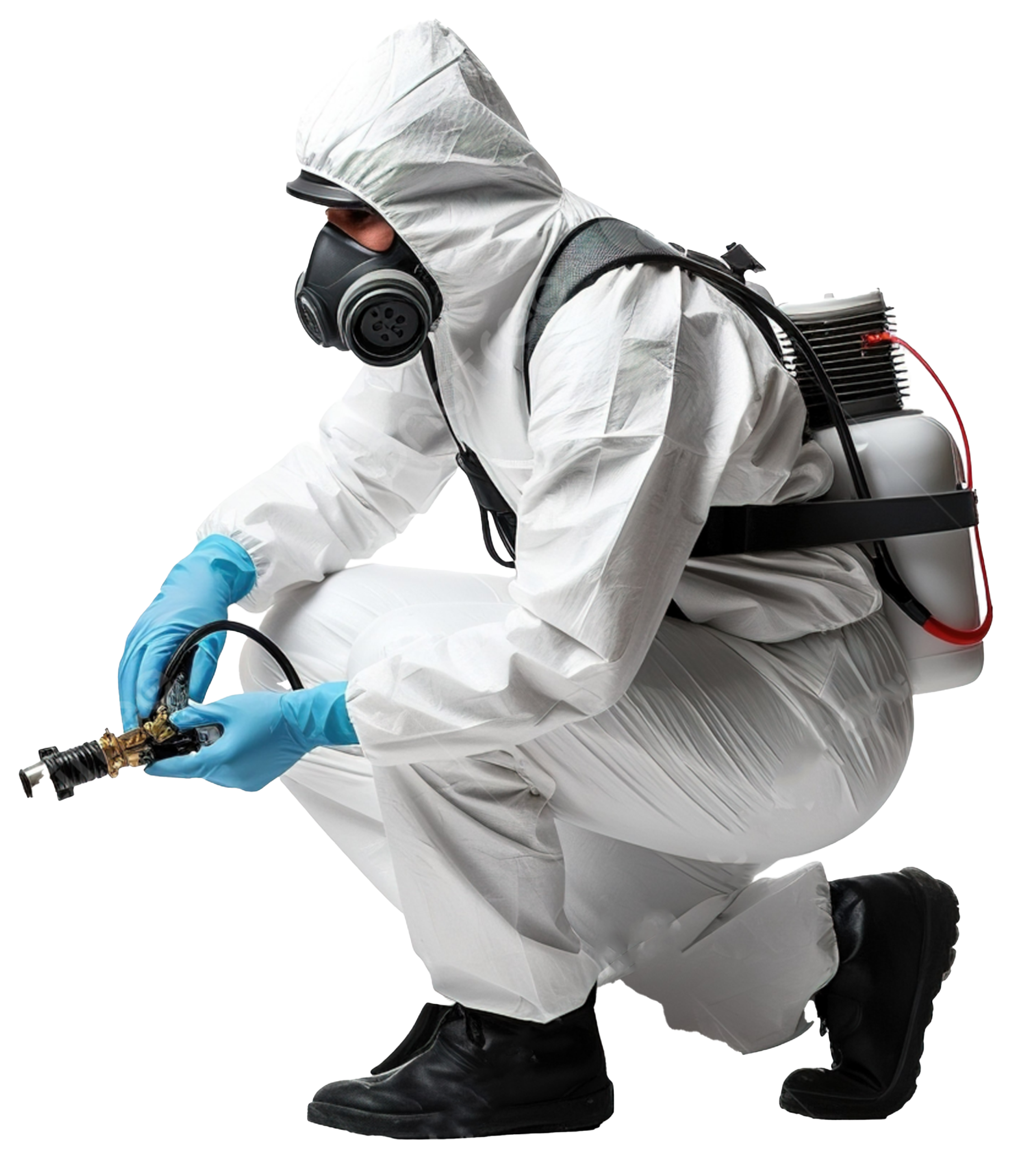 Técnico fumigador con traje y equipo de protección