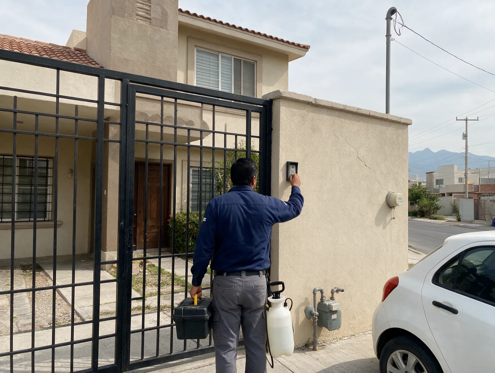 Técnico de control de plagas tocando el timbre de una casa en Monterrey